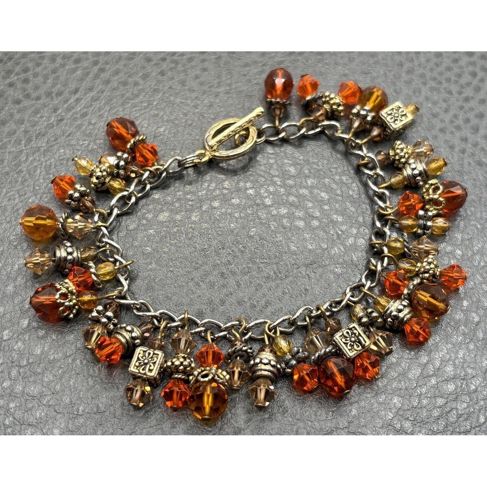 VTG 90s Y2K Orange Brown Crystal Beaded Charm Bead Bracelet Fall Autumn Colors